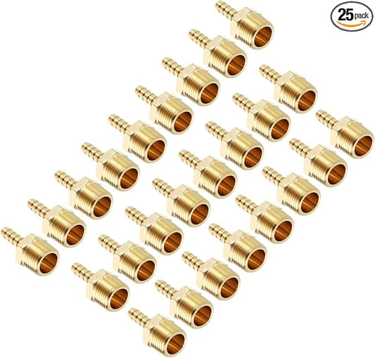 Pack of 25 Brass Hose Barb Fittings 1/4" Hose Barb to 3/8" NPT Male Fittings