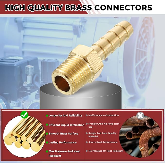 Pack of 8 Brass Hose Barb Fittings Adapter Connector 1/4" Hose Barb to 1/8" NPT Male Fittings for Home Machines, Massage Bathtubs, and Irrigation Systems