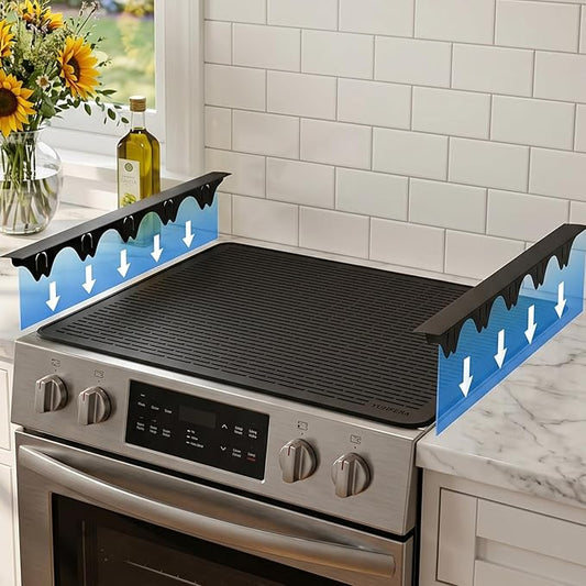 Silicone Stove Gap Covers with Stainless Steel, Oven Gap Filler Seals Gaps Between Stovetop and Counter, Stove Gap Guards Range Trim Kit, Easy to Clean Stove Gap Guard (Black 2 Pack,25"with mat)