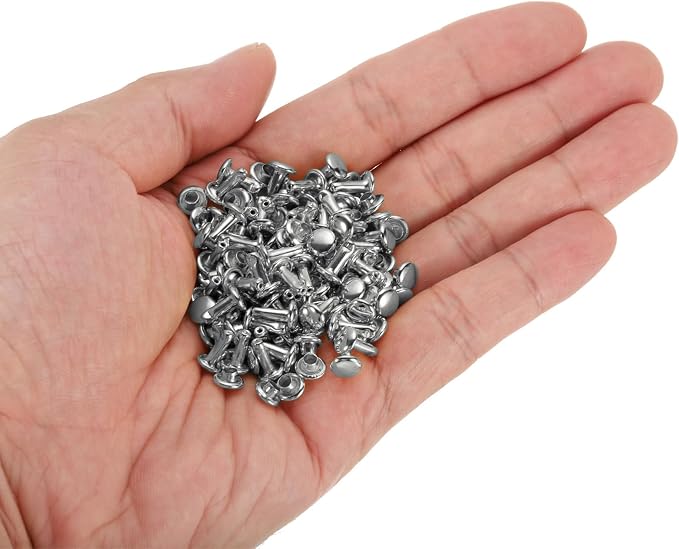 HARFINGTON 100 Sets Double Cap Leather Rivets, 6x8mm Round Cap Tubular Metal Studs Leather Crafting Rivets for Fabric Belt Pet Collar Boot Bag Repair and Decoration, Silver