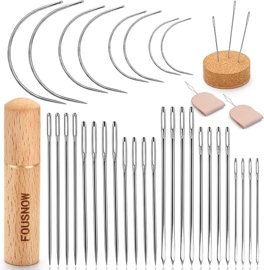 FOUSNOW 36 Pcs Heavy Duty Sewing Needles Kit, Curved Sewing Needles for Hand Sewing, Leather Sewing Needles with Wooden Sewing Needles Cushion, Needle Case for Leather Upholstery Repair Sewing