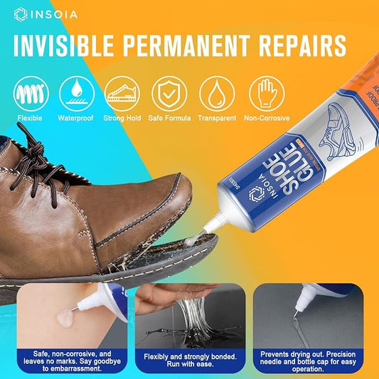 INSOIA Shoe Glue Sole Repair Kit, Heavy Duty Shoe Adhesive, Waterproof, Flexible, Clear-Drying for Sneakers, Boots, Leather, Rubber, Canvas and More - Dries Within 24 Hrs