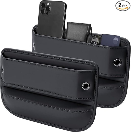 Premium Leather Car Seat Gap Filler Organizer (0.2”-1.2" Gaps), Clever Gifts for Car SUV Truck Owners (Black, 2 Pack)