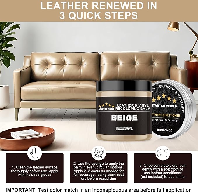 STARTSO WORLD 200Ml Leather Recoloring Balm with 100ML Leather Conditioner, Beige Leather Repair Kit for Furniture, Leather Dye, Leather Scratch Repair, Leather Couch Paint