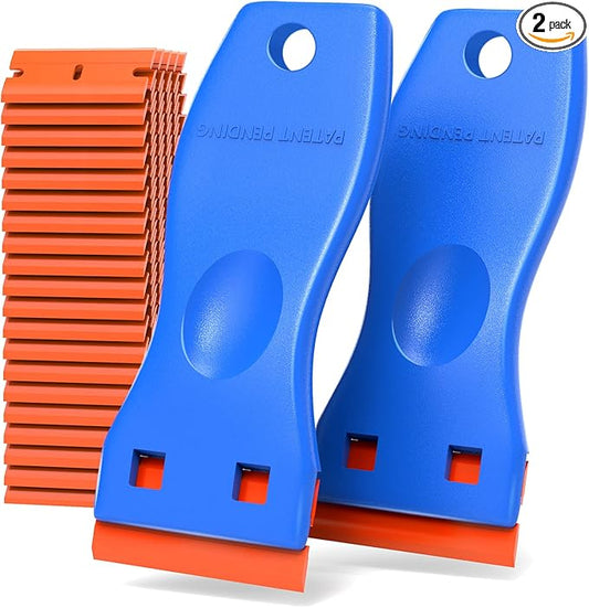 Plastic Razor Blades Scraper Tool - 2 Pack Wall Paint Remover with 100 Pcs Plastic Blades Kit No Scratch Car Window Glass Wood Sticker Removal Floor Stove Kitchen Vinyl Adhesive Decal Tape Cleanings