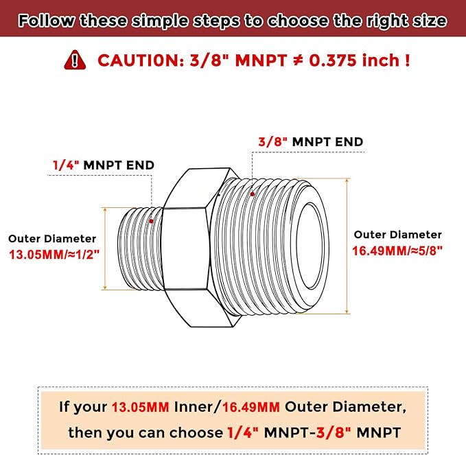 Pack of 5, 3/8" MNPT to 1/4" MNPT Solid Brass Hex Nipple Hose Connectors W/Sealing Tape, Male Pipe Adapter for Pipe Leak Repair, Bathroom Remodeling, Tool Extensions, Compression
