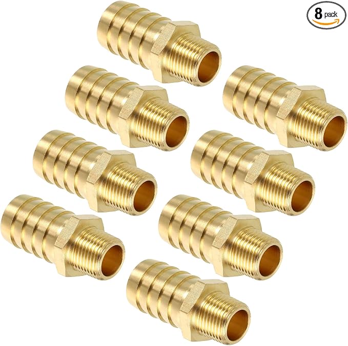 Pack of 8 Brass Hose Barbs Fittings 5/8" Hose Barbs to 1/4" NPT Male Fittings for Home Machines, Massage Bathtubs, and Irrigation Systems