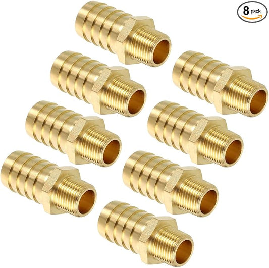 Pack of 8 Brass Hose Barbs Fittings 5/8" Hose Barbs to 1/4" NPT Male Fittings for Home Machines, Massage Bathtubs, and Irrigation Systems