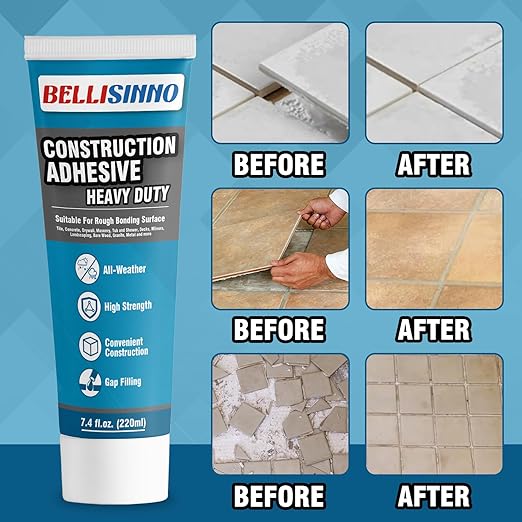 Construction Adhesive Heavy Duty, Cement Glue for Concrete, Floor, Wall, Stone, Wood and More, 7.4 Ounce Tile Squeeze Tube, Suitable for Rough Bonding Surface (220ml*1)