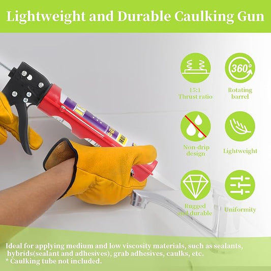 Drip-free Caulking Gun Ratchet Rod Silicone Gun Sealant Dispenser Joint Grouting Gun 15:1 Thrust Ratio Labor-Saving Lightweight Nylon Frame Cartridge Gun for 10oz/300ml Standard Caulk Tubes