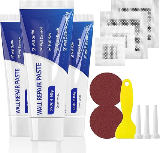 SEISSO Drywall Repair Kit, Wall Mending Agent*3(100g), Wall Patch*4, Scraper and Sandpaper*2, Wall Repair Paste Kit for Wall Cracks, Graffiti, Whitewall Hole Filler and Plaster Dent Repair