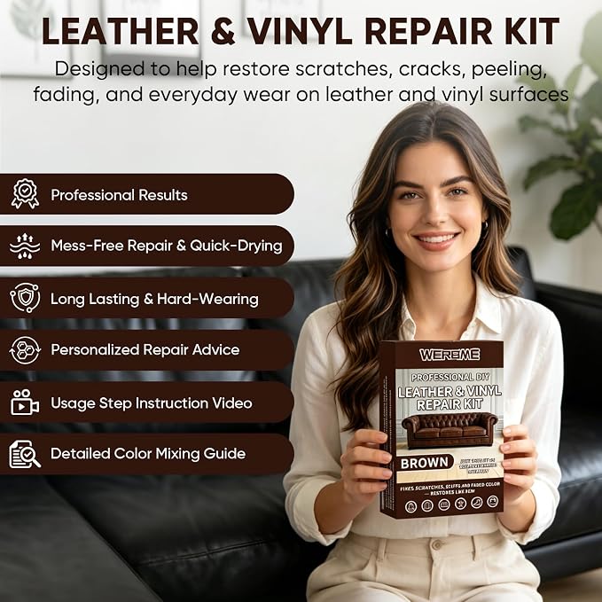 Leather & Vinyl Repair Kit, DIY Color Repair for Cracks,Scratches, Brown | Blendable Colors; Flexible Formula; Strong Adhesion; Smooth Finish; Fast Drying; Long-Lasting Repair