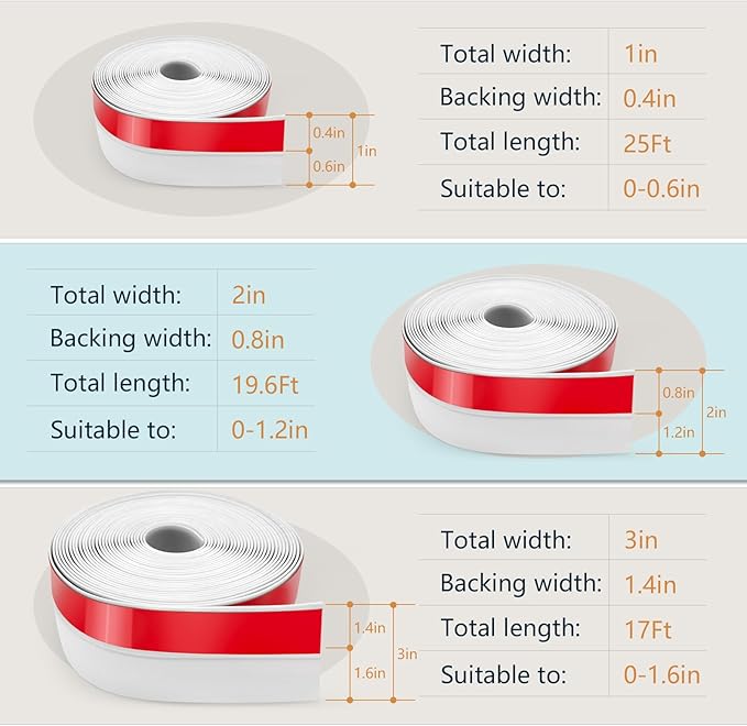 【2026 New Upgrade】 Wide Silicone Weather Stripping Door Seal with Strong Adhesive 3" x 17 ft, Draft Stopper Tape for Door Frame, Side and Bottom Gaps Strip for Glass Shower, White