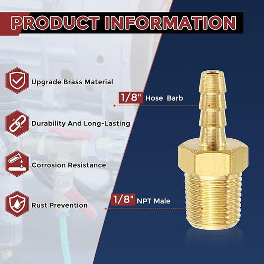 Pack of 3 Brass Hose Barb Fittings Adapter Connector 1/8" Hose Barb to 1/8" NPT Male Fittings for Home Machines, Massage Bathtubs, and Irrigation Systems