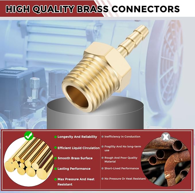 Pack of 4 Brass Hose Barb Fittings Adapter Connector 5/32" Hose Barb to 1/4" NPT Male Fittings for Home Machines, Massage Bathtubs, and Irrigation Systems