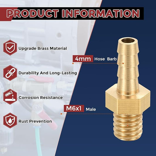 Pack of 4 Brass Hose Barb Fittings 4mm Hose Barb to M6x1 Male Fittings for Home Machines, Massage Bathtubs, and Irrigation Systems
