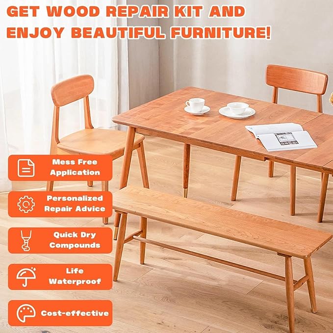 Light Wood Furniture Repair Kit, 4-Color Wood Scratch Repair Filler for Tables, Floors, Cabinets – Professional Fix for Cracks, Chips & Discoloration