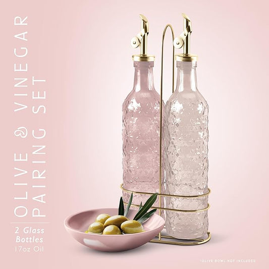 COOK WITH COLOR Glass Olive Oil Bottle Dispenser - 2 Pack- 17oz Oil and Vinegar Cruet - Olive Oil Carafe Decanter for Kitchen, Floral, Pink
