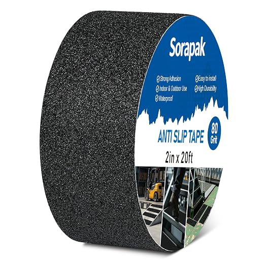 Black Anti Slip Tape 2in x 20ft, 80 Grit Waterproof Grip Tape Roll, Non Slip Tape for Stairs, Steps, Ramps, Ladders, Floors, Docks, Trailers & Outdoor Use