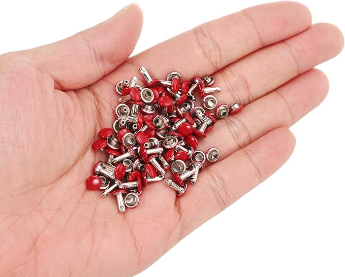 HARFINGTON 100 Sets Double Cap Leather Rivets, 6x8mm Round Cap Tubular Metal Studs Leather Crafting Rivets for Fabric Belt Pet Collar Boot Bag Repair and Decoration, Red