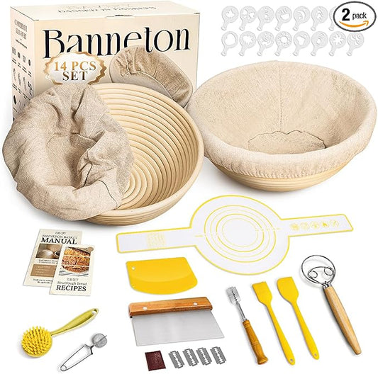 Sourdough Starter Kit, Banneton Bread Proofing Baskets Set, Sourdough Bread Baking Supplies Making Tools with Dough Scraper, Whisk, Bread Lame, Recipe
