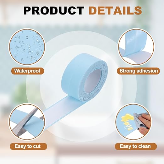 uxcell Caulk Tape Waterproof, 0.83 Inch x 4.92 ft Self-Adhesive Sealant Sealing Strip Caulking Sealant Tape PVC with Tool for Kitchen Sink Toilet Bathroom Bathtub Floor, Blue