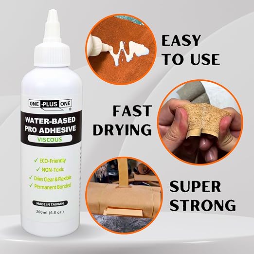 ONE Plus ONE Super Stick Set – 200ml Viscous Leather Adhesive with 6cm Glue Spreader & Adhesive Eraser, Strong Water-Based Glue for Leathercraft