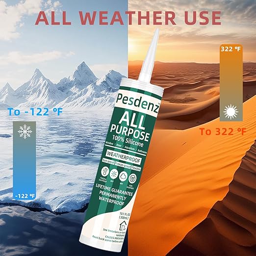 Clear Universal Silicone Caulk, 100% Silicone Sealant Outdoor Waterproof, Flexible Cartridge Adhesive Caulking for Aquarium RV Roof Window Door Kitchen Bathroom Bathtub Shower Seal, 10.1 Oz, 12 Pack
