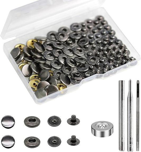BetterJonny 24 Sets Heavy Duty Leather Snap Fasteners Kit, 12.5mm Metal Snap Buttons Press Studs Leather Rivets Snaps with 4 Setter Tools for Clothes Bracelet Jackets Jeans Gun Black
