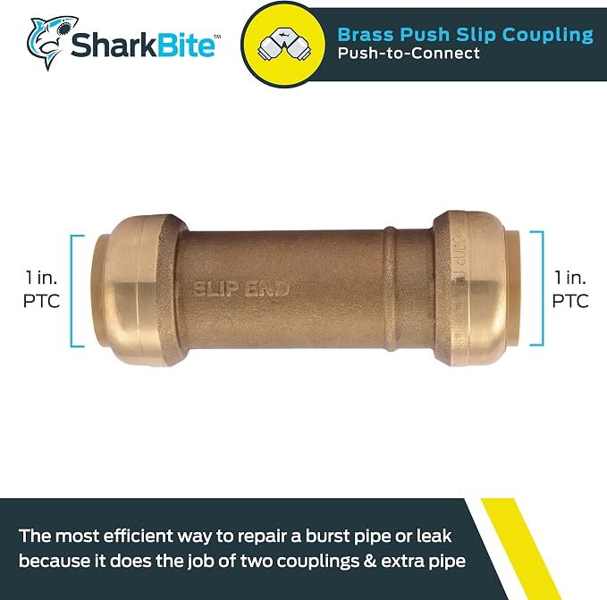 SharkBite 1 x 1 in Slip Coupling, Push-to-Connect Brass Plumbing Fitting, U3020LFA