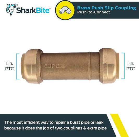 SharkBite 1 x 1 in Slip Coupling, Push-to-Connect Brass Plumbing Fitting, U3020LFA