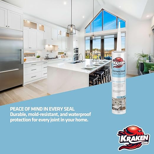 Kraken Bond Premium Kitchen and Bathroom Silicone Caulk Clear - (1x10.1 fl.oz) RTV Clear Silicone Sealant Waterproof for Kitchen, Bathroom, Shower, Sink, Anti Shrink 100% Silicone Caulking | 1 Pack
