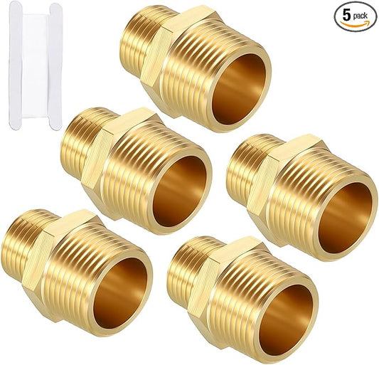 Pack of 5, 3/4" MNPT To 1/2" MNPT Solid Brass Hex Nipple Hose Connectors W/Sealing Tapes, Male Pipe Adapter for Pipe Leak Repair, Bathroom Remodeling, Tool Extension, Compression