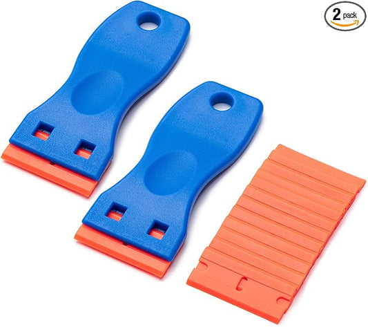 2 Pcs Plastic Razor Blade Scraper and 12 Pcs Blades, Remove Label Decal Tool,Forwithout Scratches Plastic Razor Blade Scraper, Adhesive Remover for Kitchen Appliances,Stickers and Paints on Window
