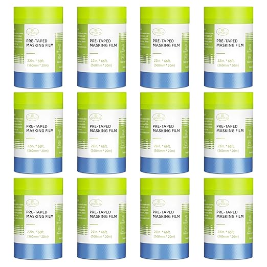 Tangibay Pre-Taped Masking Film for Painting - 22" x 66' Painters Plastic Sheeting with Automotive Paint Tape and Drape for Covering Cars, Walls, Windows and Furniture Protection (12 Rolls)