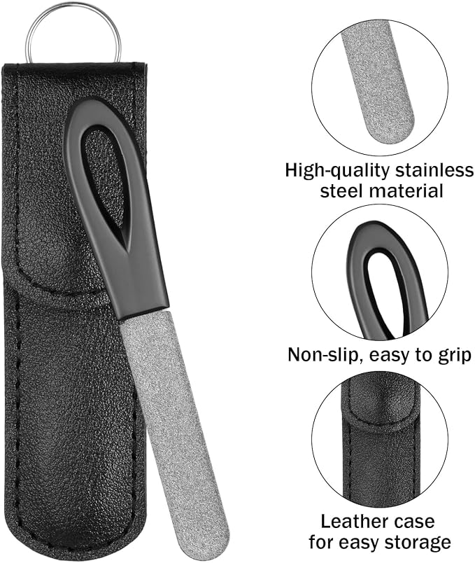 2 Pcs Keychain Nail File, Metal Nail Files with Leather Case, Double Sided Stainless Steel Nails File Round Sapphire Fine Grit Fingernail Files for Men Women Nails Daily Travel Carrying