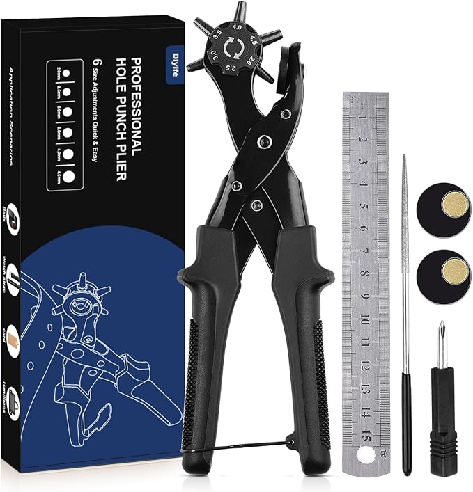 Diyife® Leather Hole Punch, Heavy Duty Belt Hole Punch, Revolving Punch Plier Kit with Extra Grinding Needle, Punch Plates, Ruler and 6 Marked Hole Sizes for Watch Band, Crafting, Fabric - Black