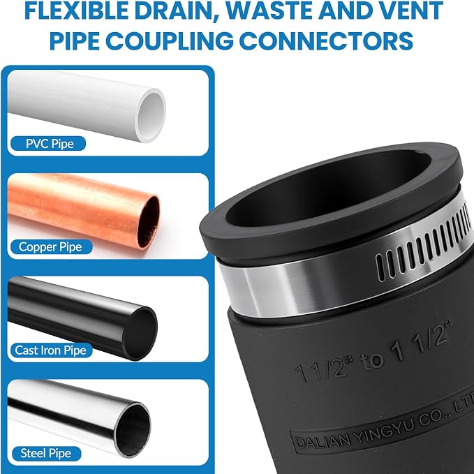 2 Pcs 1-1/2 IN Flexible PVC Pipe Coupling with Stainless Steel Clamps Fit 1-1/2 IN Nominal Pipes, Couplers for Plastic and Copper Pipe Plumbing Connections, Drain Repair, Dust Hose