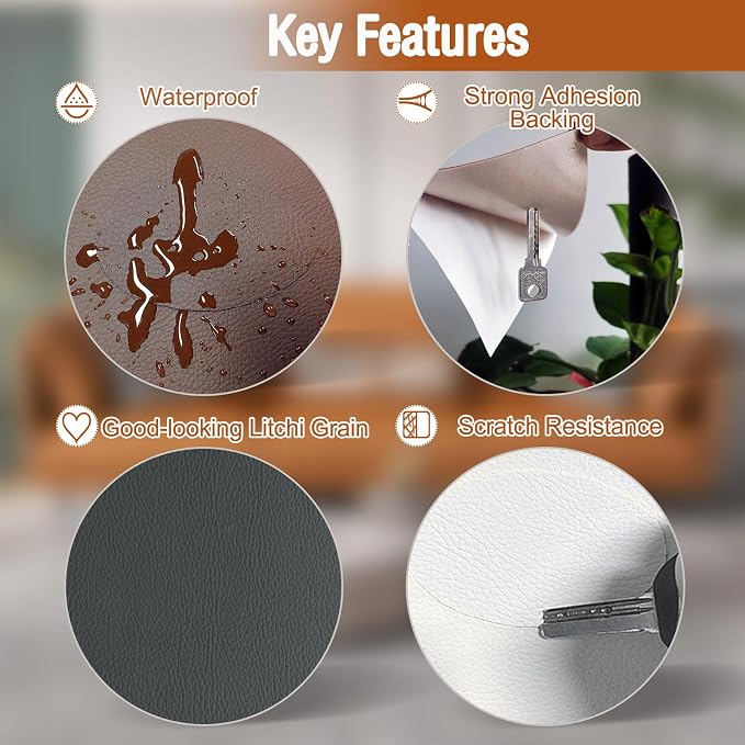 ILOFRI 16x30'' Self Adhesive Leather Repair Patch Tape, Vinyl and Leather Repair Kit for Couches, Furniture, Car Seat, Boat Seat, Sofa, Vinyl Upholstery, Chair, Interior (Light Grey)