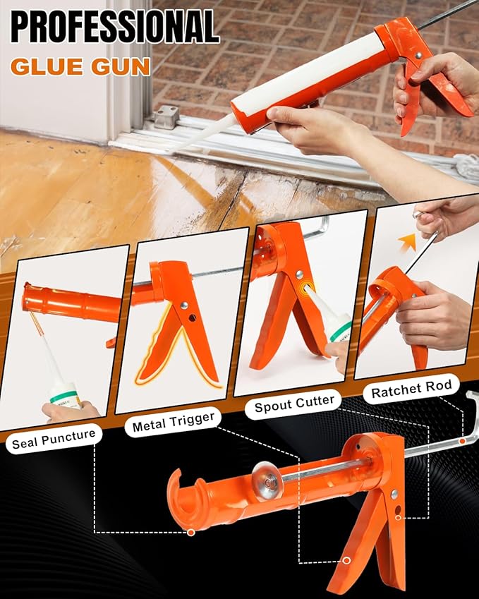 Holothurian Caulking Gun, Caulk Gun No Drip,Sealant Finishing Tool Grout Scraper for Kitchen Bathroom Window Sink Joint, 1/10 Gallon Cartridge, 10:1 Thrust Ratio, Orange, 2 Packs