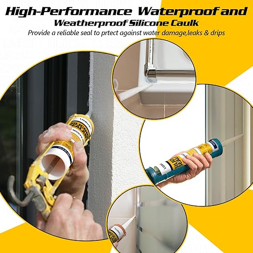 LISRUX Advanced Silicone Caulk for Window & Door, White, 15.2 fl oz Cartridge, 12 Pack - 100% Waterproof Silicone Sealant Indoor Outdoor Caulking, UV Resistant, Stronger Adhesion, Shrink & Crack Proof