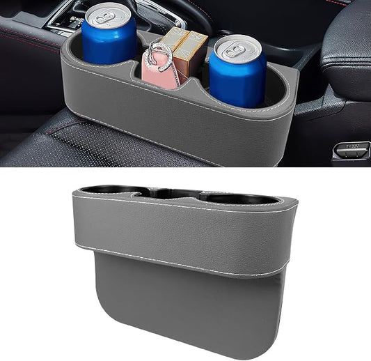 Car Cup Holder, Multifunctional Auto Drink Holder Gap Filler Storage Box, Leather Car Seat Organizer with Cup Holder, Universal Vehicle Front Seat Organizer for Bottle Phone (Gray)