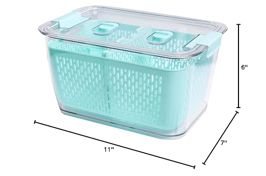 Kitchen Spaces Colander Bin, Produce Saver, Fridge Organizer With Lid, Wash, Strain and Store, Great for Refrigerator, Freezer and Pantry, X-Large, Mint Green, Pack of 1