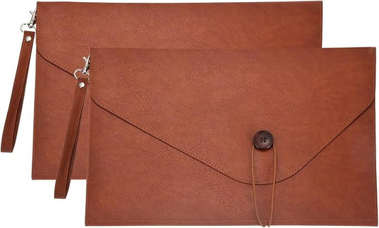 PATIKIL 2Pcs Leather Folder, 14x10 Leather Document Holder File Folder PU Pouch Bag Portfolio File Organizer Handbag Button Personal Envelope Waterproof for Traveling Men Gift, Brown