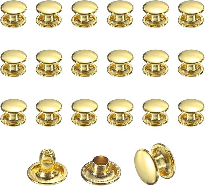 uxcell 120 Sets Leather Rivets, 8mm Double Cap Rivets, 6mm Height Tubular Metal Studs for Leather Craft Repair and Decoration DIY Clothes, Shoes, Bags, Belts, Gold