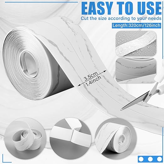 Frienda Marble Caulk Tape 10.5' x 1.5'' Waterproof Self Adhesive Caulk Strip Bathtub Sealant Tape Sealing Strip Oil Proof Bathroom Sealant for Kitchen Floor Wall Edge Protector(PE)