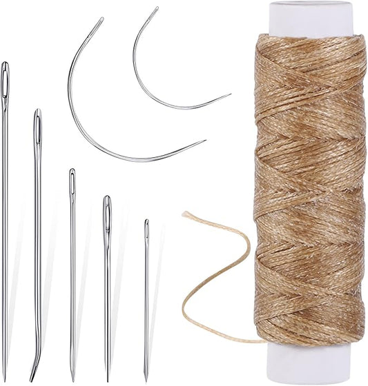 55Yards Waxed Thread with 7 Pcs Leather Needles for Hand Sewing 150D Flat Waxed Thread - Leather Repair Needles for Upholstery, Canvas Bags, Sofa Furniture (Khaki)