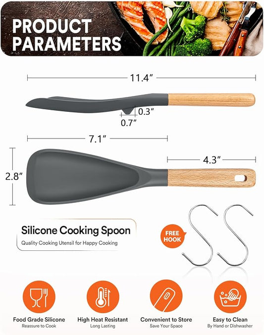 Cooking Spoon for Nonstick Cookwares, Great for Cooking and Serving Sturdy BPA-Free Matte Silicone, Wood Handle Spoon for Mixing, Scoop, and Scrape (2 Pack of Grey, 11.4 inch)