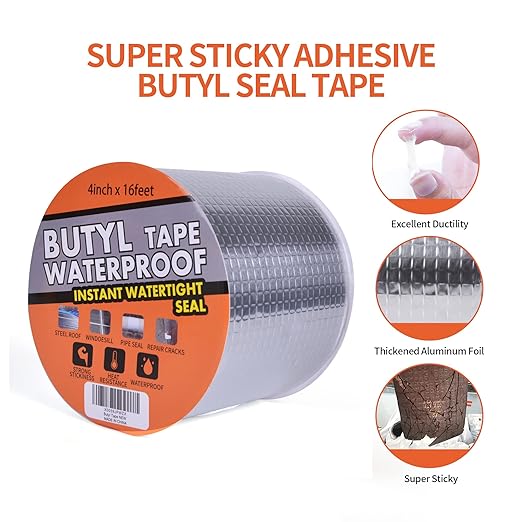 TAPEBEAR Butyl Tape Waterproof Sealing Tape Aluminum Foil Tape, for RV Repair, Window, Silicone, Glass & EDPM Roof Leak Patching, Boat and Pipe Sealing, Silver, 4inch x16feet,9rolls