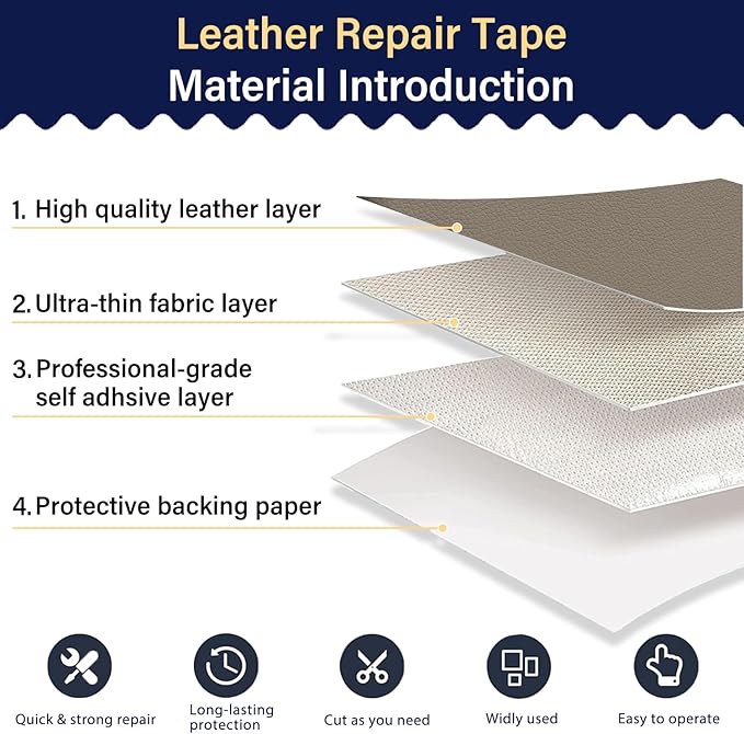 Zenyao Leather Repair Patch Tape - Self Adhesive Leather Repair Kit for Car Seat Furniture, Heavy Duty Vinyl Repair Patch for Couch Sofa, Waterproof for Rips Scratches Tears, 16x30 Inch Roll, Beige
